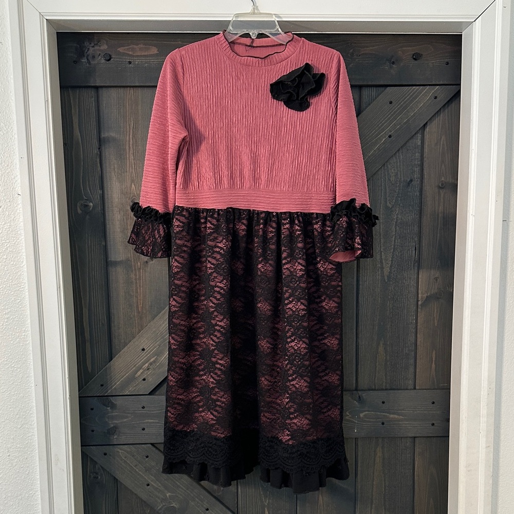 Pink and Black Lace Midi Dress with Floral Accent
